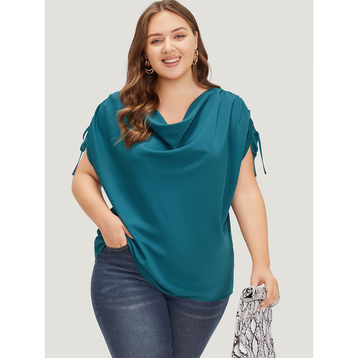 Plus Size Aegean Solid Cowl Neck Drawstring Sleeve Blouse Women Office Short sleeve Cowl Neck Work Blouses BloomChic 26/4X Product Image