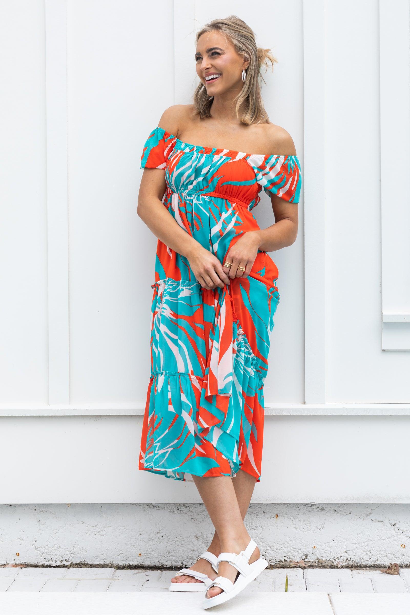 Orange And Aqua Abstract Chiffon Midi Dress Product Image