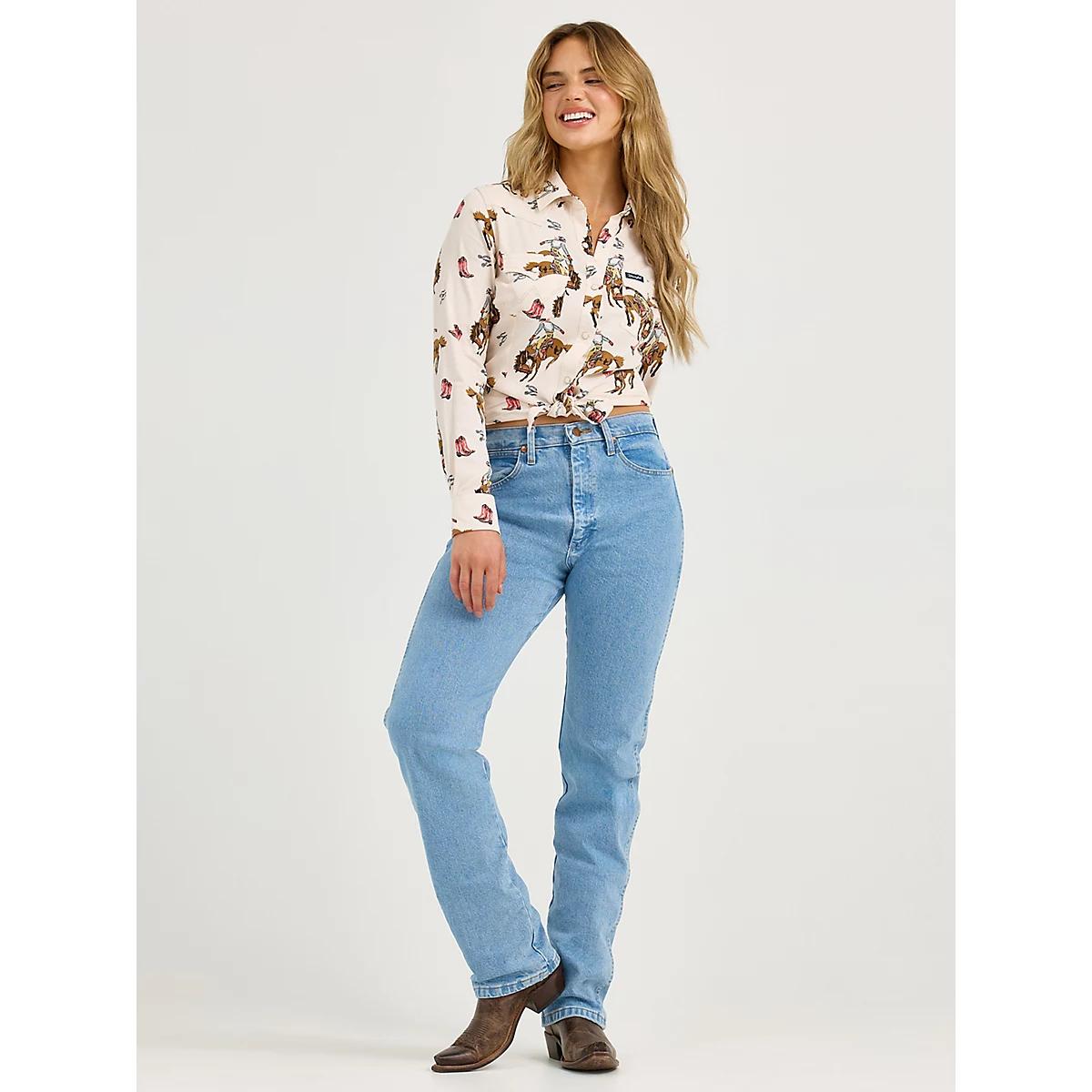 Women's Wrangler Bold Bucking Cowboy Western Snap Shirt in Cowboy/Cream Product Image