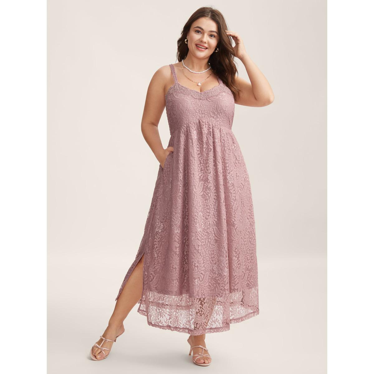 Plus Size Lace Side Slit Cami Midi Dress Mauve Women V-neck Sleeveless Curvy BloomChic 14-16/1X Product Image