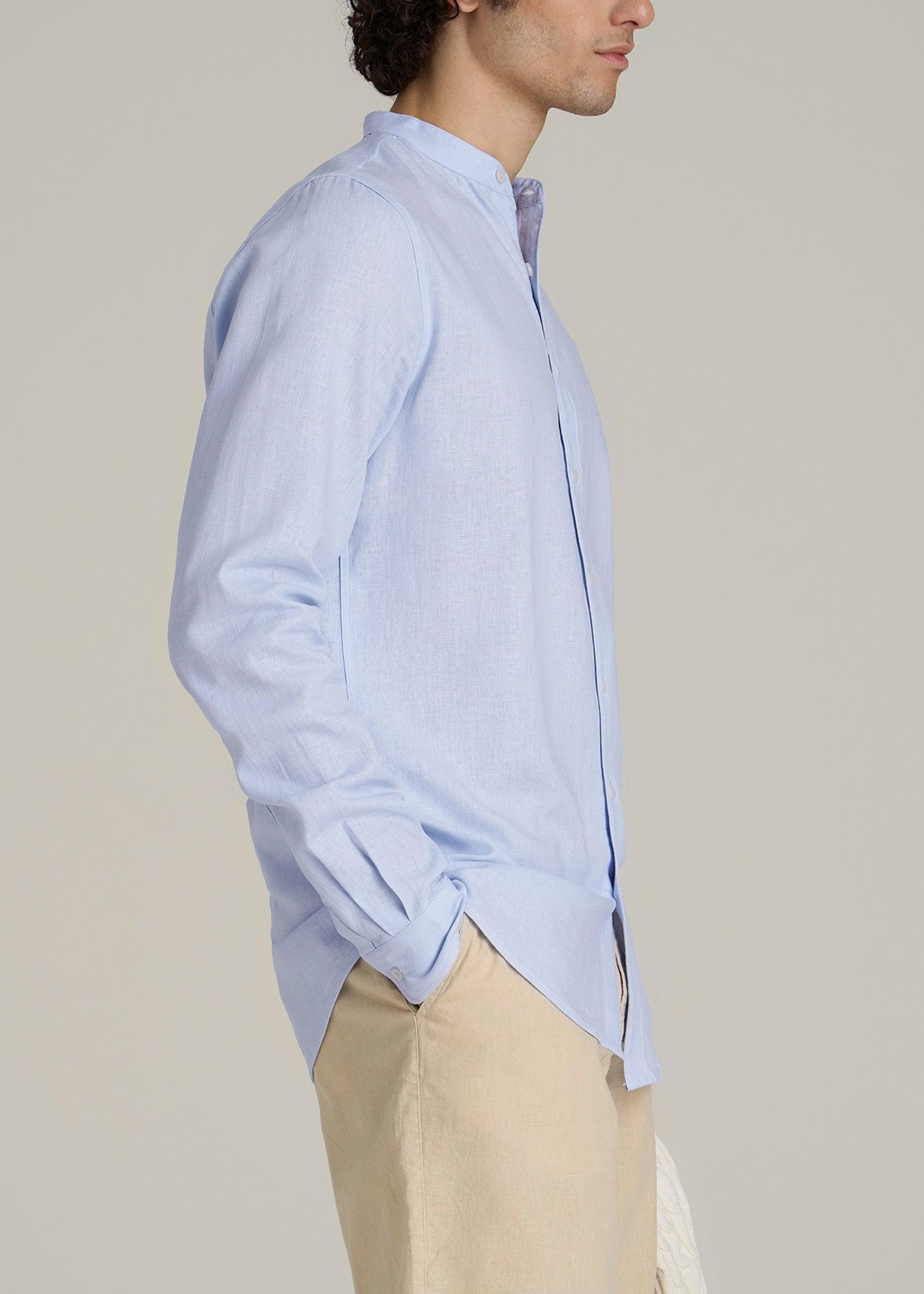Band Collar Linen Button Shirt for Tall Men in Airy Blue Male Product Image