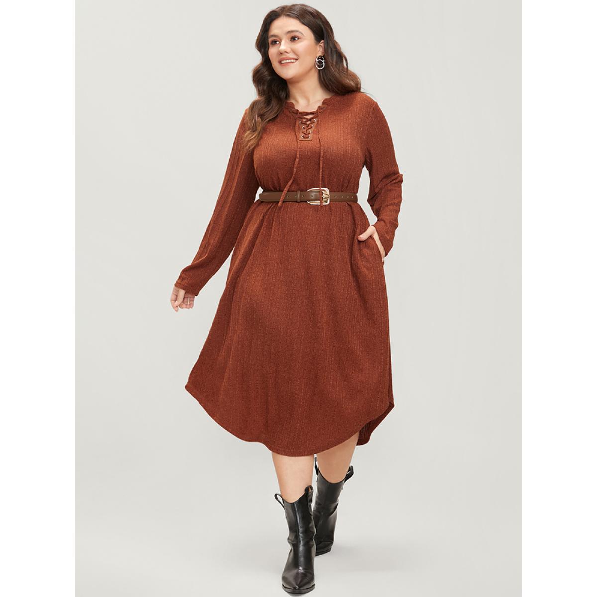 Plus Size Solid Pocket Lace Up Arc Hem Dress Without Belt Rust Women Elegant Cross straps V-neck Long Sleeve Curvy Midi Dress BloomChic 28/5X Product Image