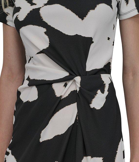 DKNY by Donna Karan Matte Jersey Floral Print Boat Neck Short Sleeve Twist Front Sheath Midi Dress Product Image