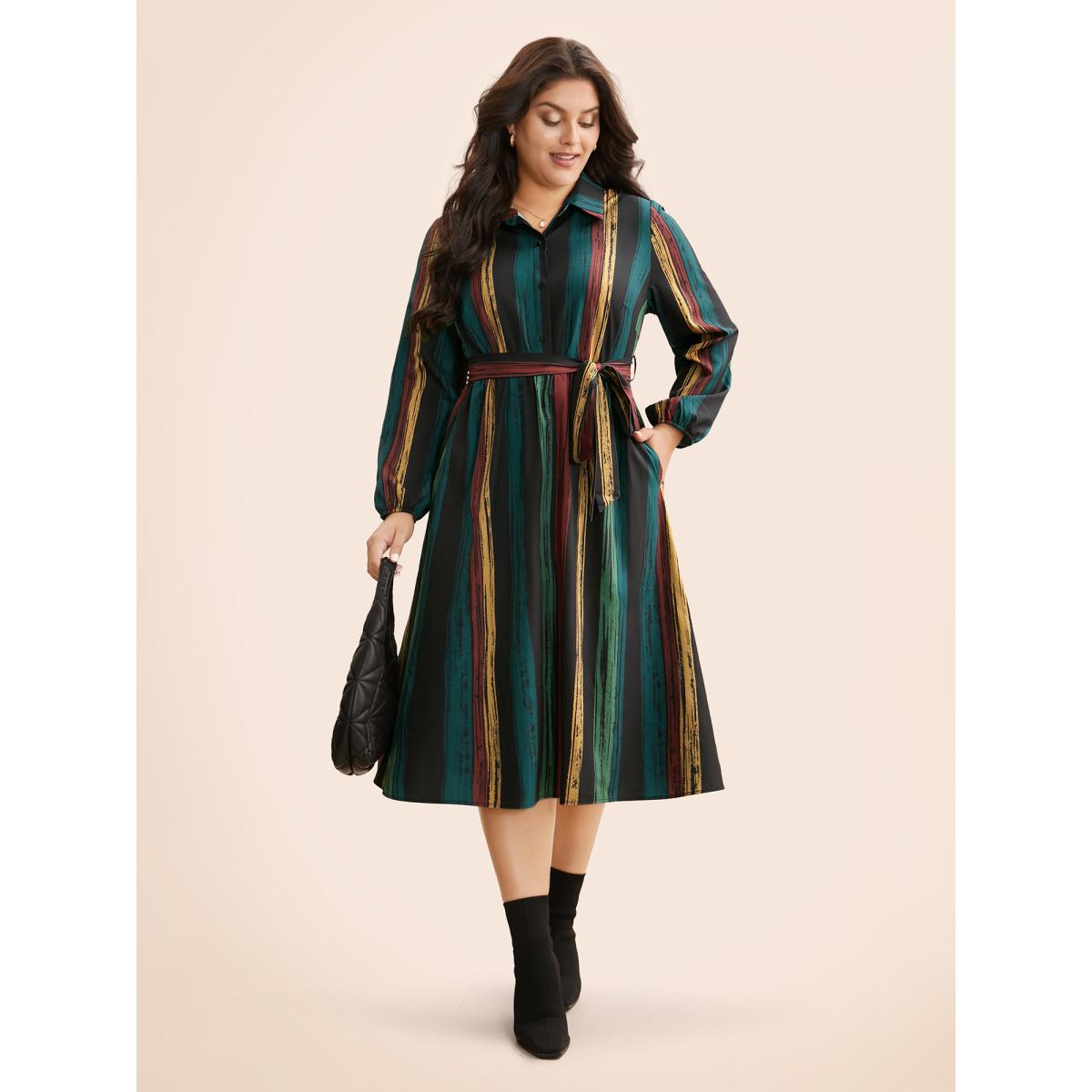 Plus Size Colored Striped Belted Lantern Sleeve Dress Multicolor Women At the Office Belted Knit Dresses Bloomchic 30/6X Product Image