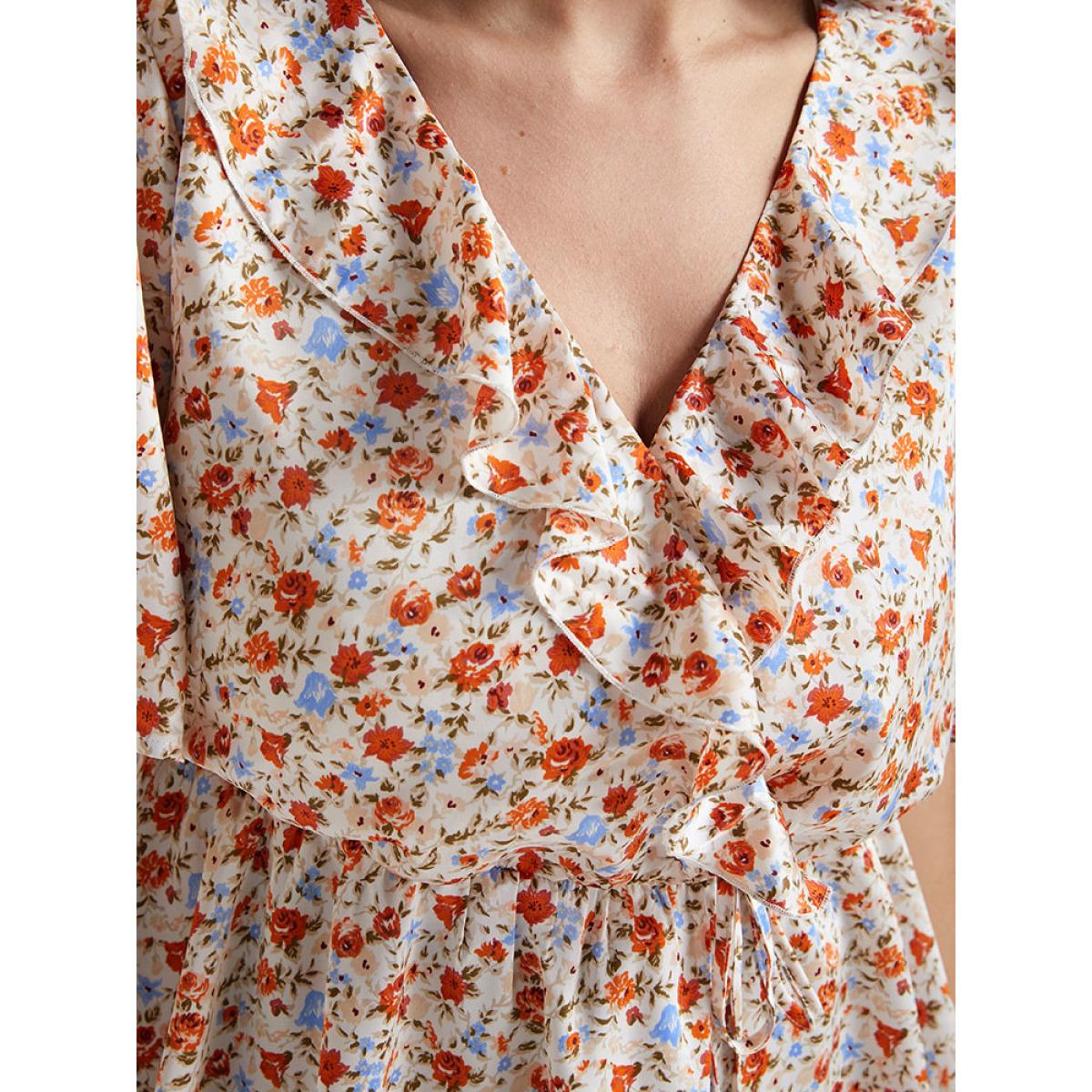 Plus Size Orange Ditsy Floral V Neck Ruffle Tie Front Blouse Women Casual Short sleeve V-neck Dailywear Blouses BloomChic 16/1X Product Image