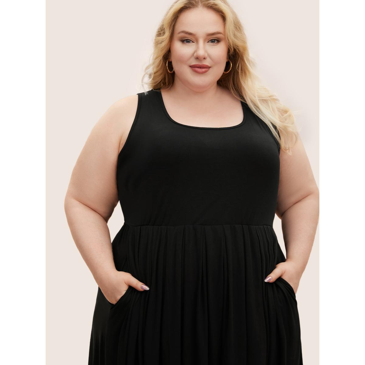 Plus Size Supersoft Essentials Solid Gathered Tank Dress Navy Women Basics Non U-neck Sleeveless Curvy Midi Dress BloomChic 10/M Product Image