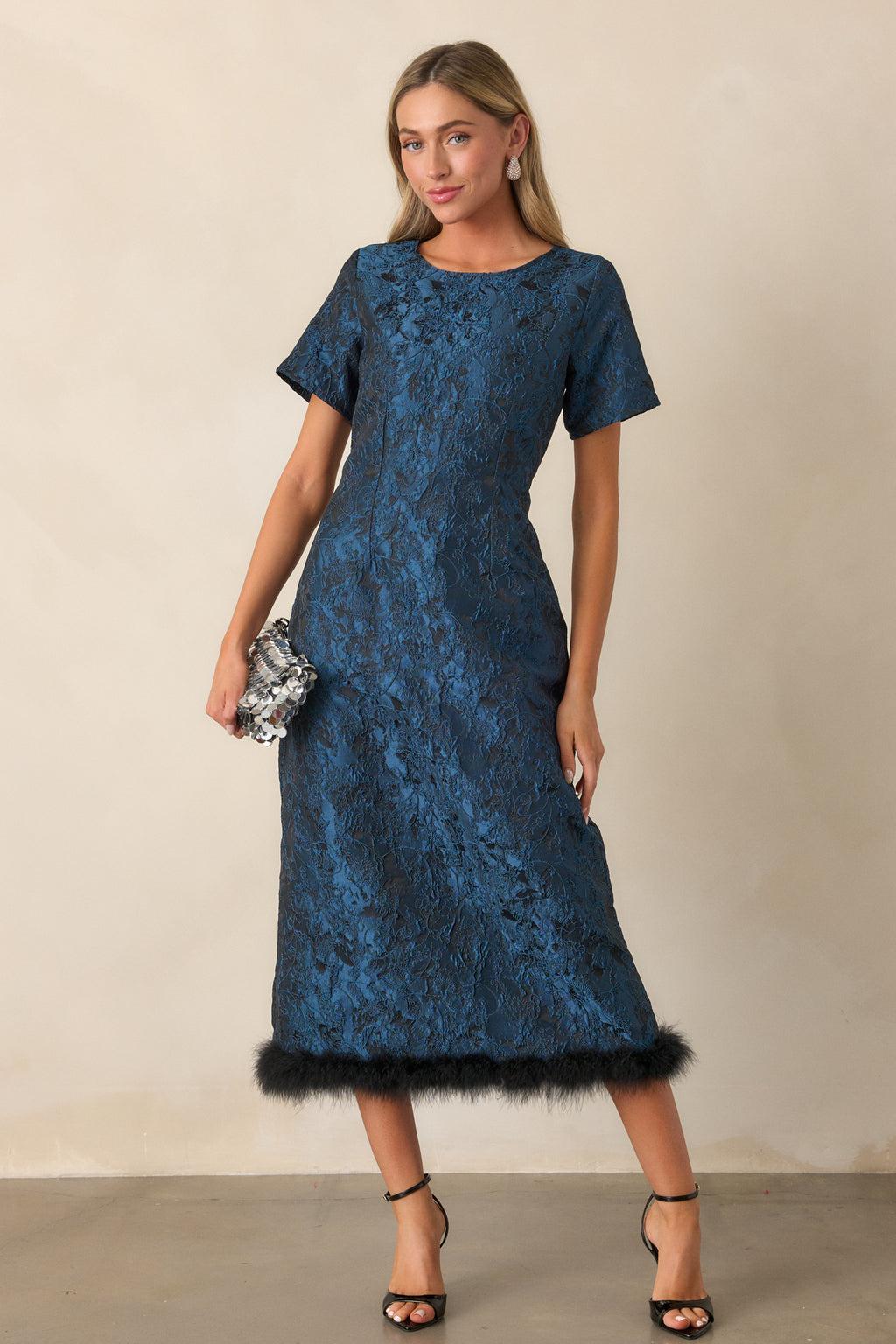 Glamour in Motion Dark Teal Jacquard Midi Dress Product Image