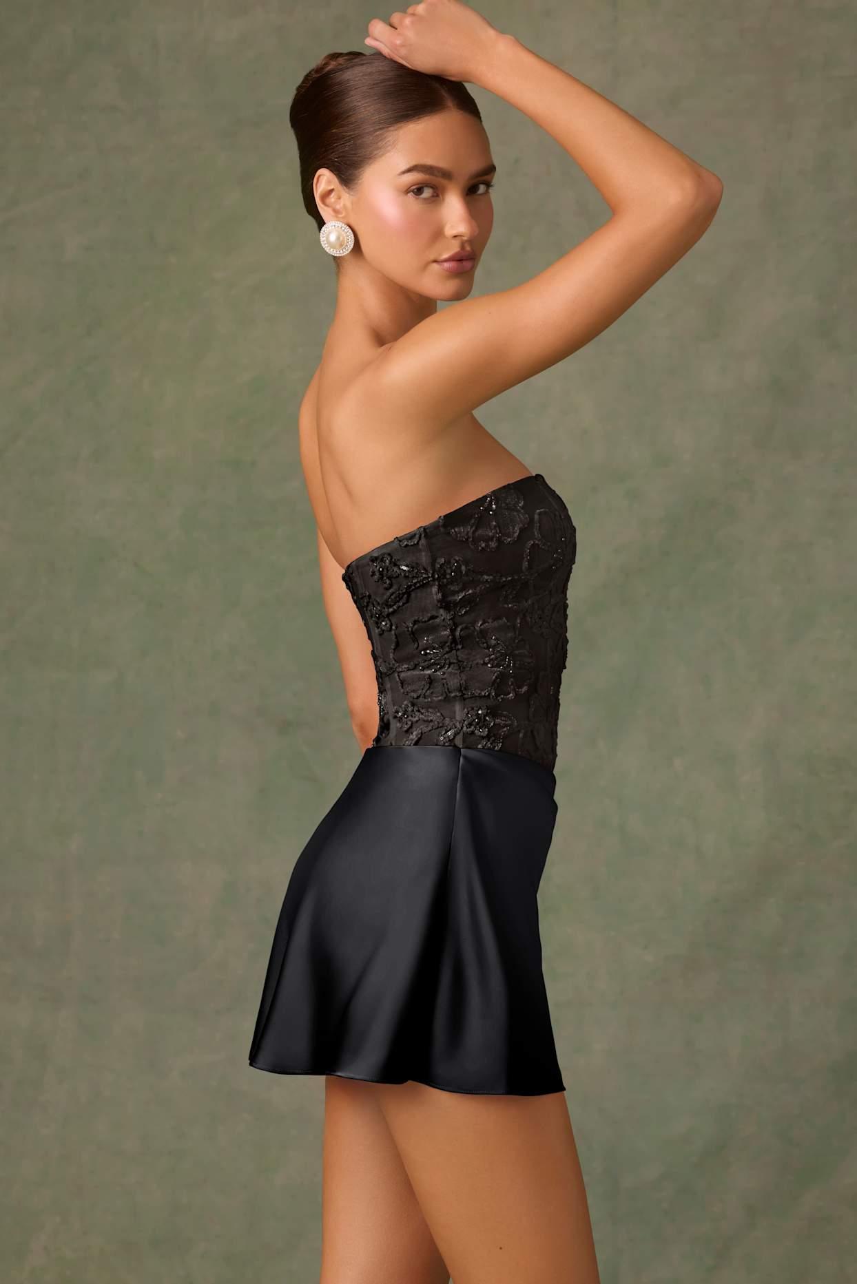 Embellished Draped Strapless A-Line Mini Dress in Black Product Image