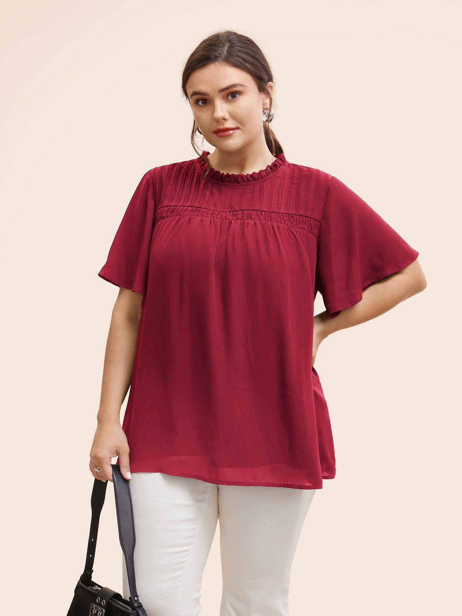 Anti-Wrinkle Shirred Ruffle Sleeve Mesh Frill Trim Blouse Female Product Image