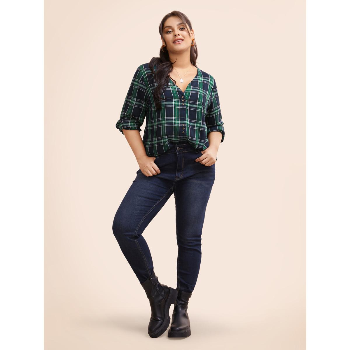 Plus Size DarkGreen V Neck Plaid Button Detail Blouse Women Casual Long Sleeve V-neck Everyday Blouses BloomChic 22-24/3X Product Image