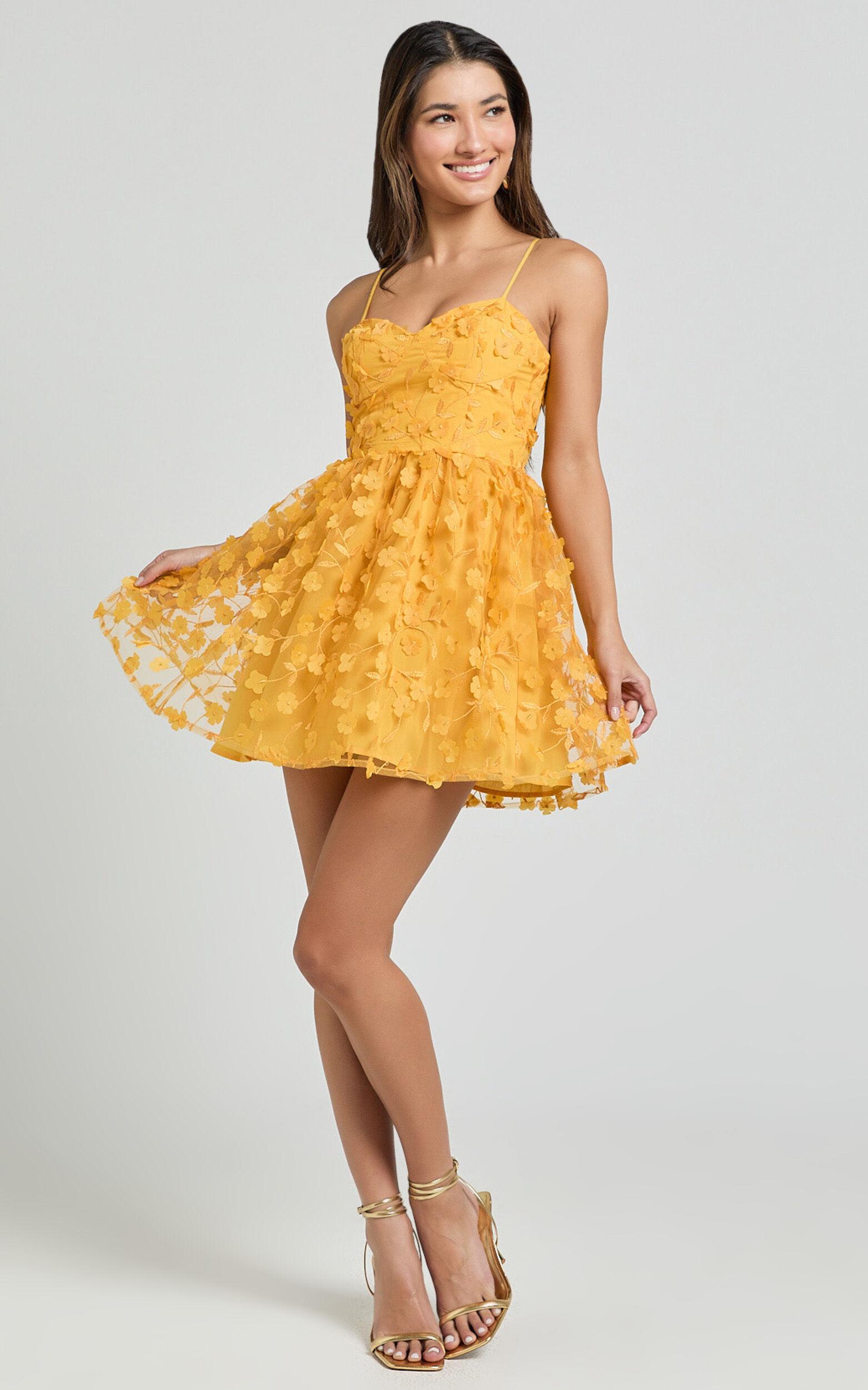 Prague Mini Dress - Strappy Embroidered Tulle Bustier Dress in Marigold Product Image