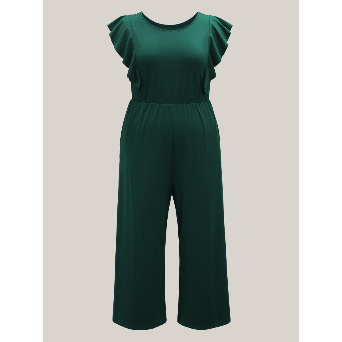 Plus Size DarkGreen Flutter Sleeve Waist Cinched Flared Jumpsuit Women Elegant Cap Sleeve Round Neck Everyday-Elegant Loose Jumpsuits BloomChic 22-24/3X Product Image