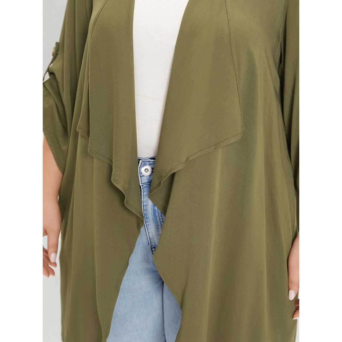 Plus Size Supersoft Essentials Plain Pocket Button Ruffle Open Front Kimono Women ArmyGreen Casual Plain Loose Pocket Dailywear Kimonos BloomChic 22-24/3X Product Image