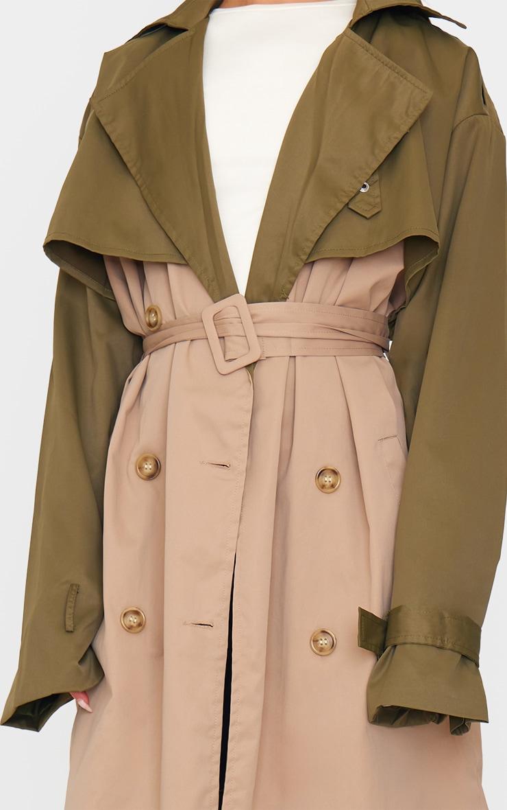 Khaki Contrast Oversized Belted Midi Trench Coat Product Image