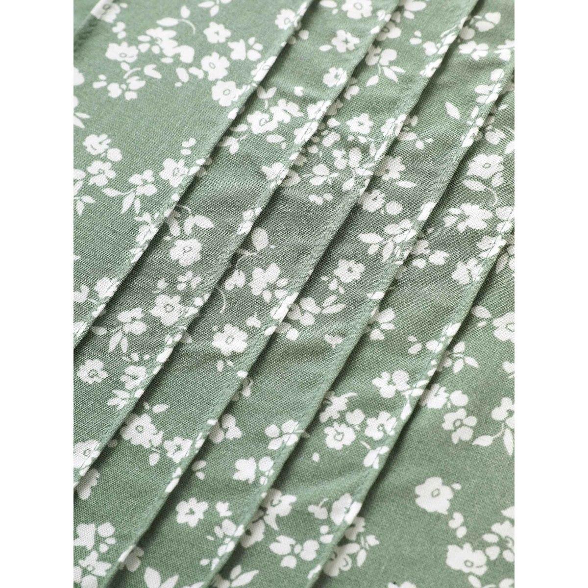 Plus Size Sage Rayon Ditsy Floral Pleated Patchwork Ruffles Blouse Women Elegant Short sleeve V-neck Everyday Blouses BloomChic 12/L Product Image