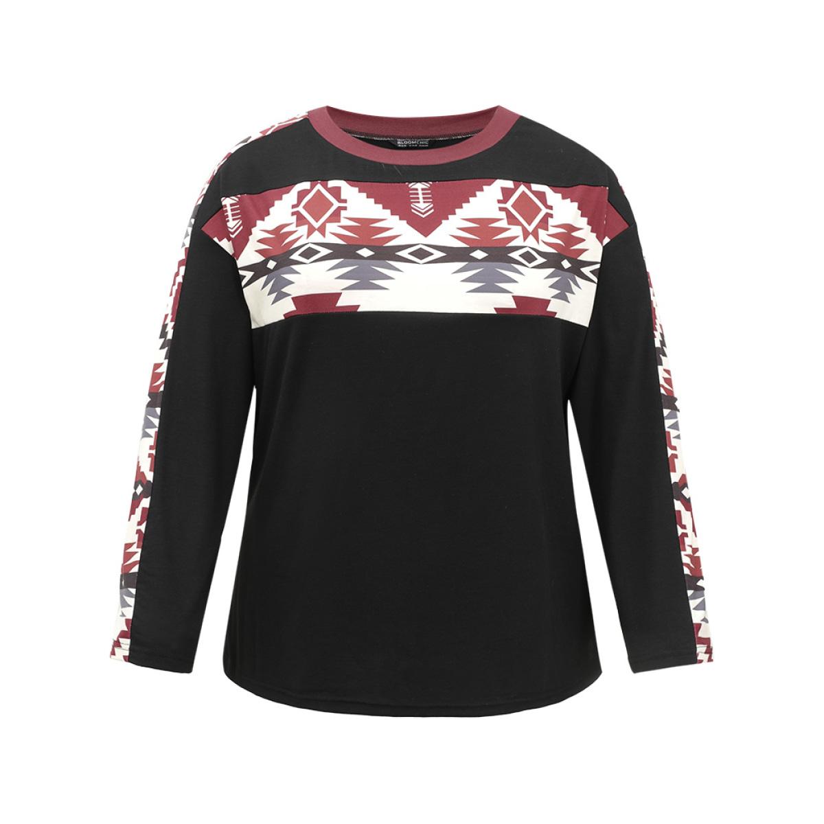 Plus Size Geometric Patchwork Contrast Round Neck T-shirt Black Women Casual Printed Bohemian Print Round Neck Dailywear T-shirts BloomChic 26/4X Product Image
