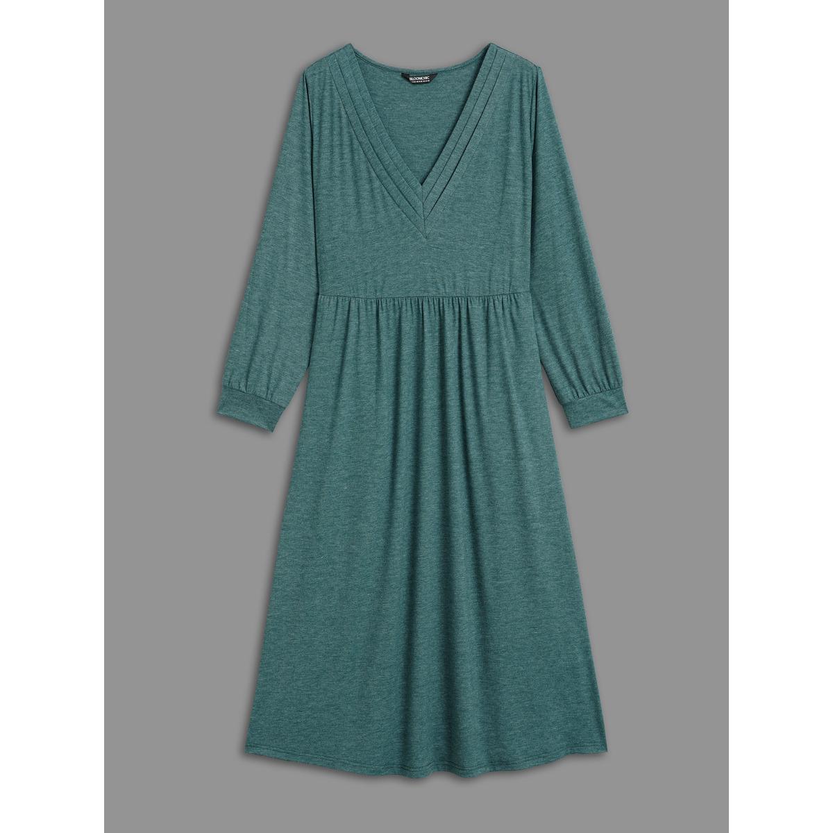 Plus Size Solid V Neck Pleated Knit Dress Teal Women Casual Pleated Knit Dresses Bloomchic 26/4X Product Image