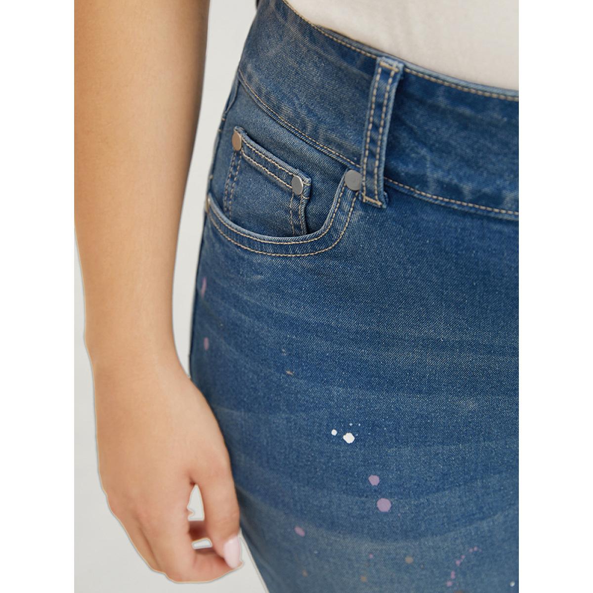 Plus Size Very Stretchy High Rise Medium Wash Paint Patched Jeans Women Blue Casual Plain Printed High stretch Pocket Jeans BloomChic 22/3X Product Image