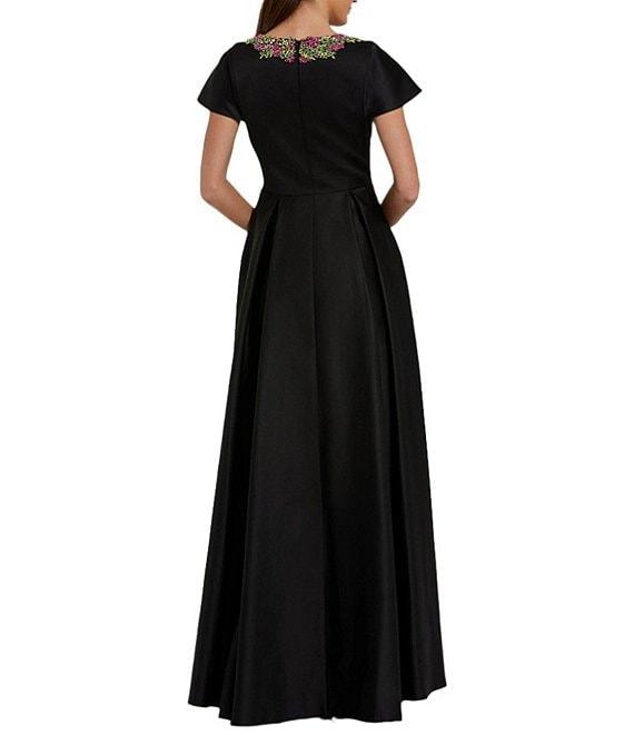 Mac Duggal Beaded Round Neck Short Sleeve Satin Aline Gown Product Image