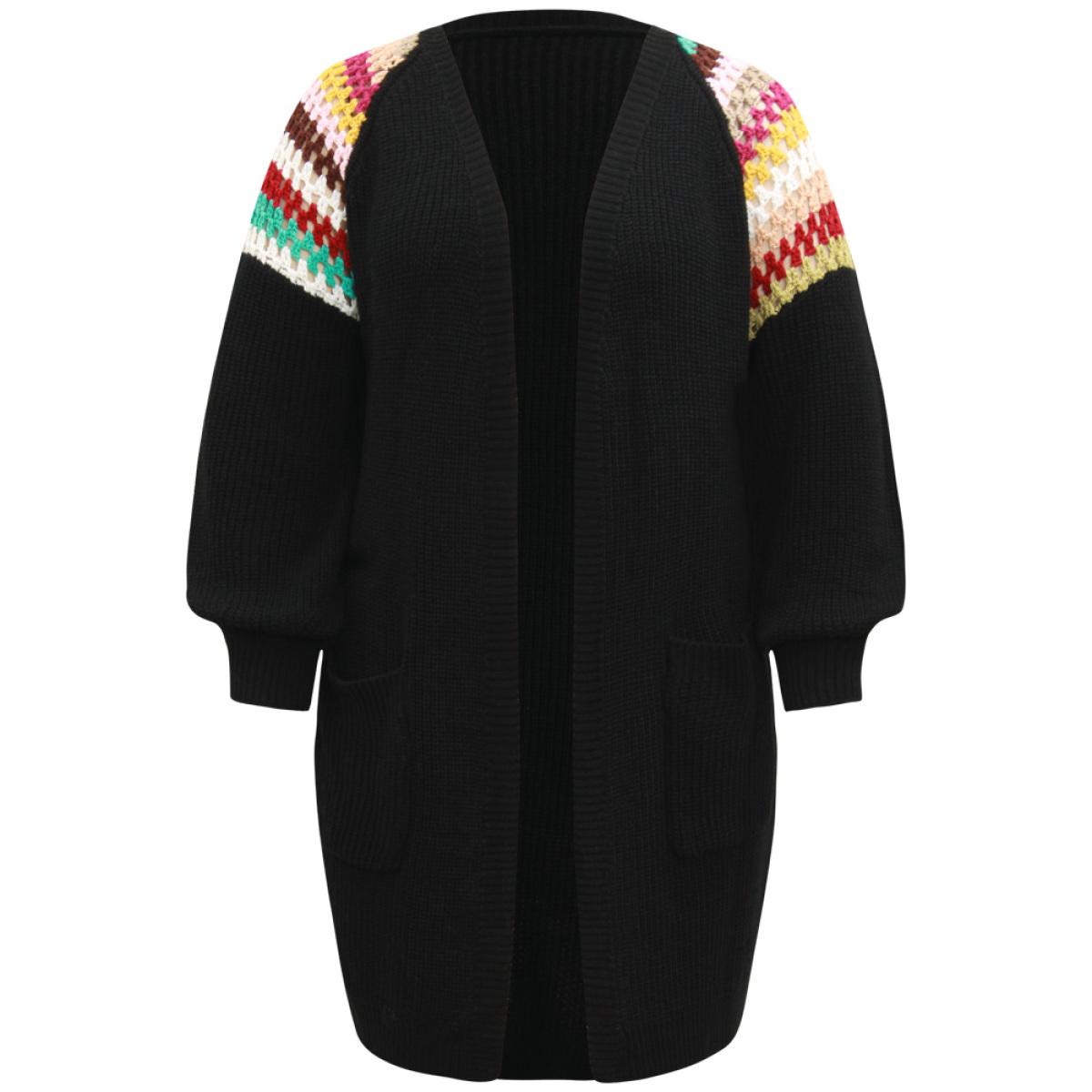 Plus Size Rainbow Embroidered Raglan Sleeve Open Front Cardigan Black Women Casual Loose Long Sleeve Dailywear Cardigans BloomChic 14-16/1X Product Image