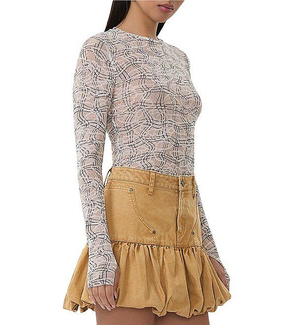 AFRM Kaylee Mesh Lace Plaid Print Crew Neck Long Sleeve Top Product Image