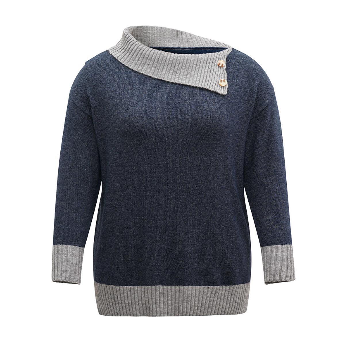 Plus Size Two Tone Button Detail Lapel Collar Pullover Midnight Women Casual Loose Long Sleeve Lapel Collar Dailywear Pullovers BloomChic 26/4X Product Image