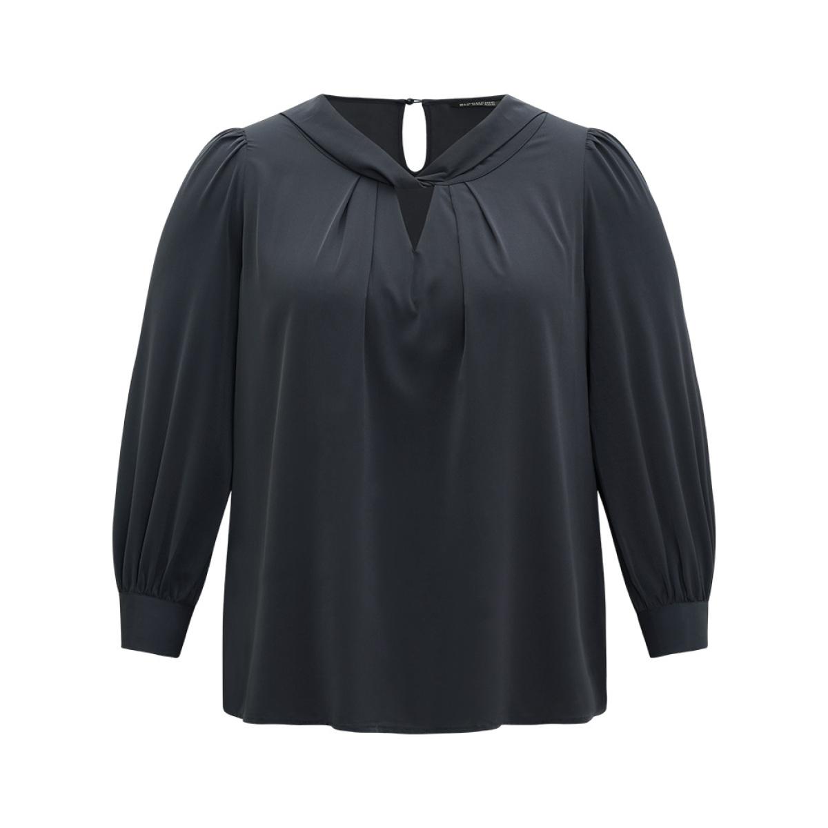 Plus Size Midnight Plain Twist Neck Keyhole Lantern Sleeve Blouse Women Office Long Sleeve Round Neck Office Blouses BloomChic 30/6X Product Image