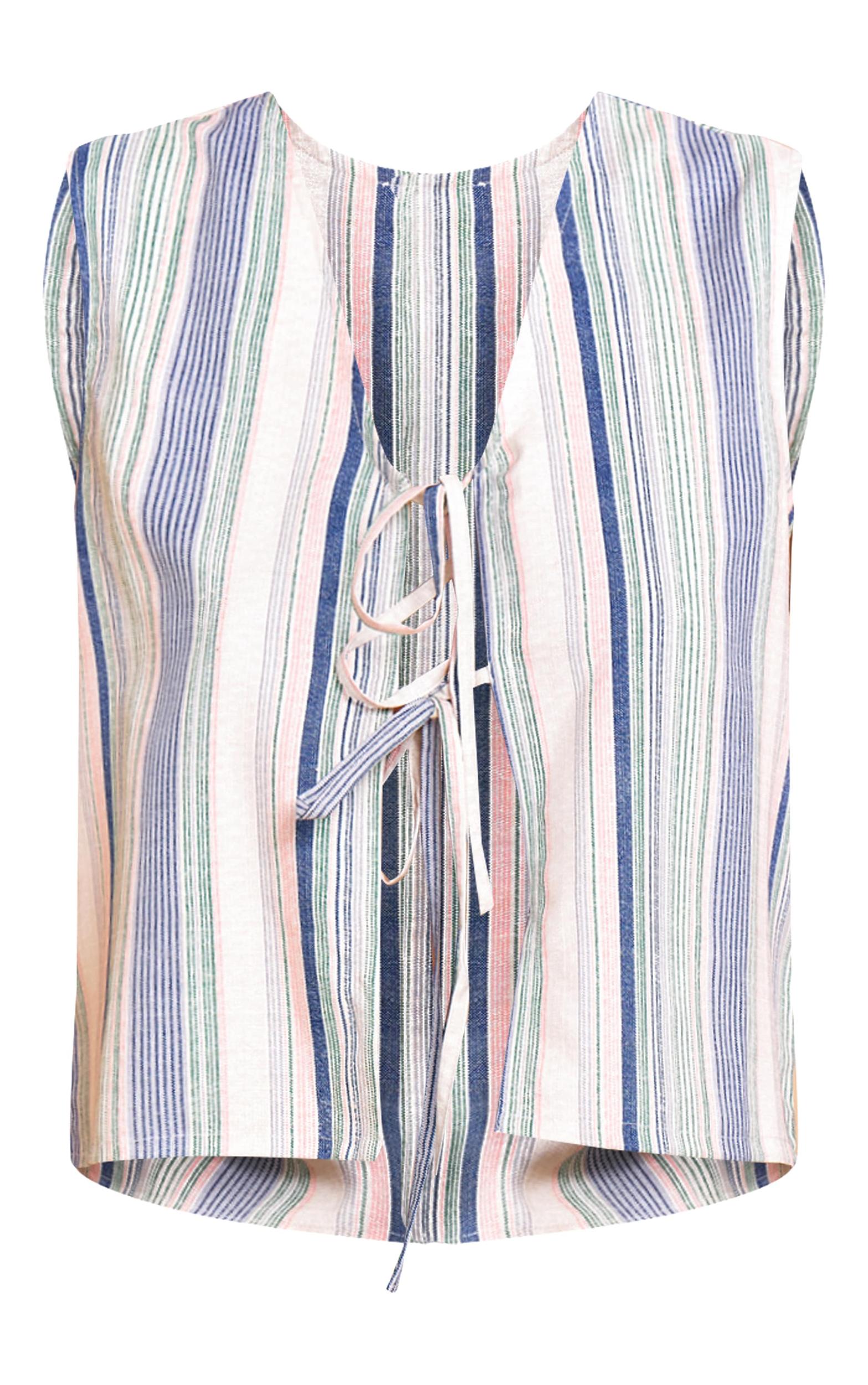 Pale Blue Linen Look Pinstripe Tie Front Vest Product Image