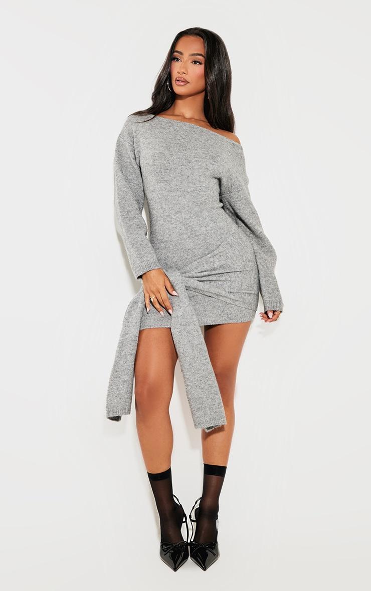 Petite Grey Knit Slouchy Mini Dress With Tie Wrap Around Product Image