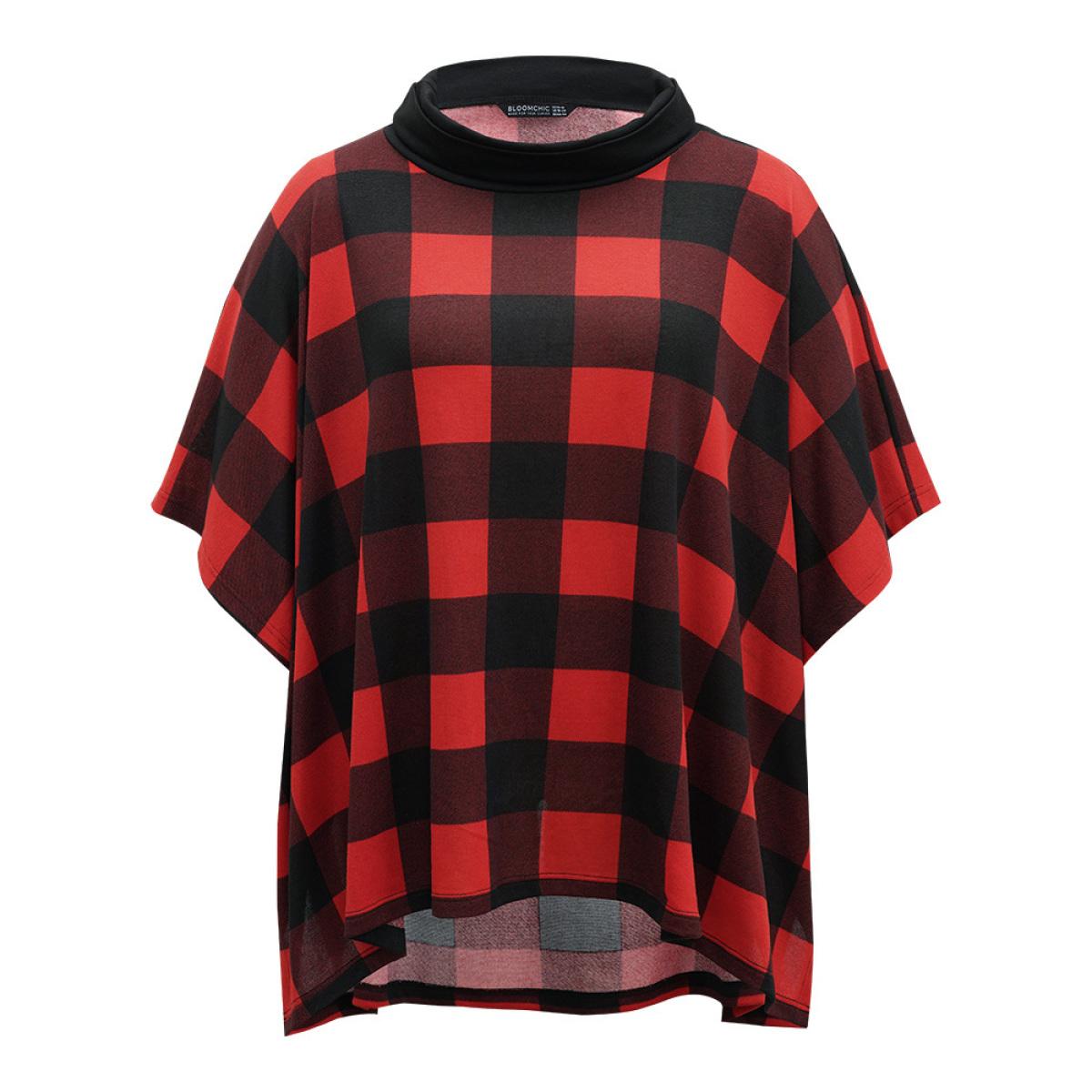 Plus Size Plaid Cowl Neck Dolman Sleeve Asymmetrical Hem Sweatshirt Women Red Casual Contrast Cowl Neck Festival-Christmas Sweatshirts BloomChic 12/L Product Image