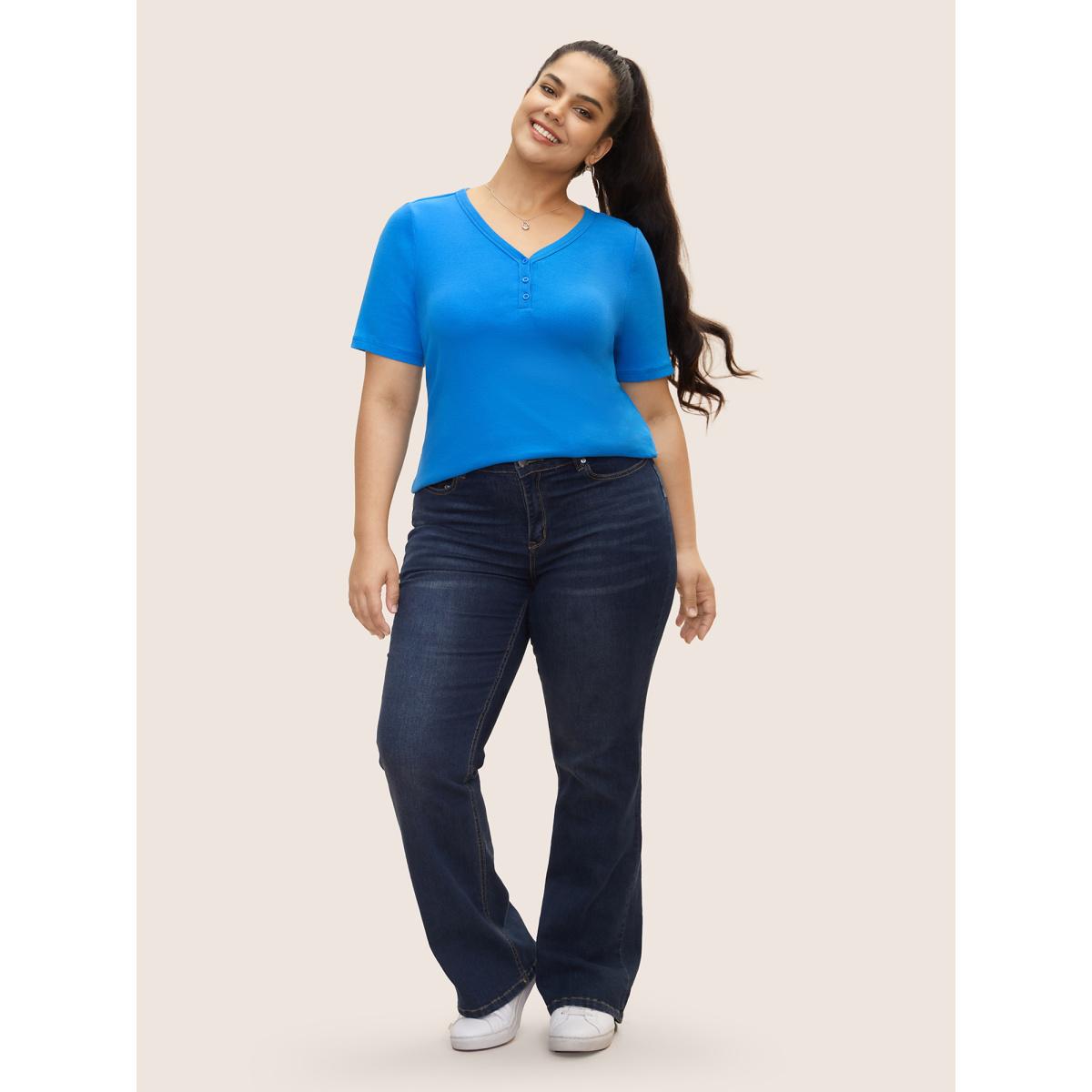 Plus Size Cotton V Neck Button Up Pit Strip T-shirt Skyblue Women Casual Button V-neck Everyday T-shirts BloomChic 28/5X Product Image