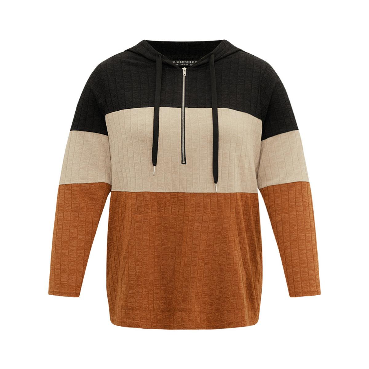 Plus Size Rib Knit Colorblock Contrast Half Zip Hooded Sweatshirt Women Black Casual Texture Hooded Dailywear Sweatshirts BloomChic 12/L Product Image