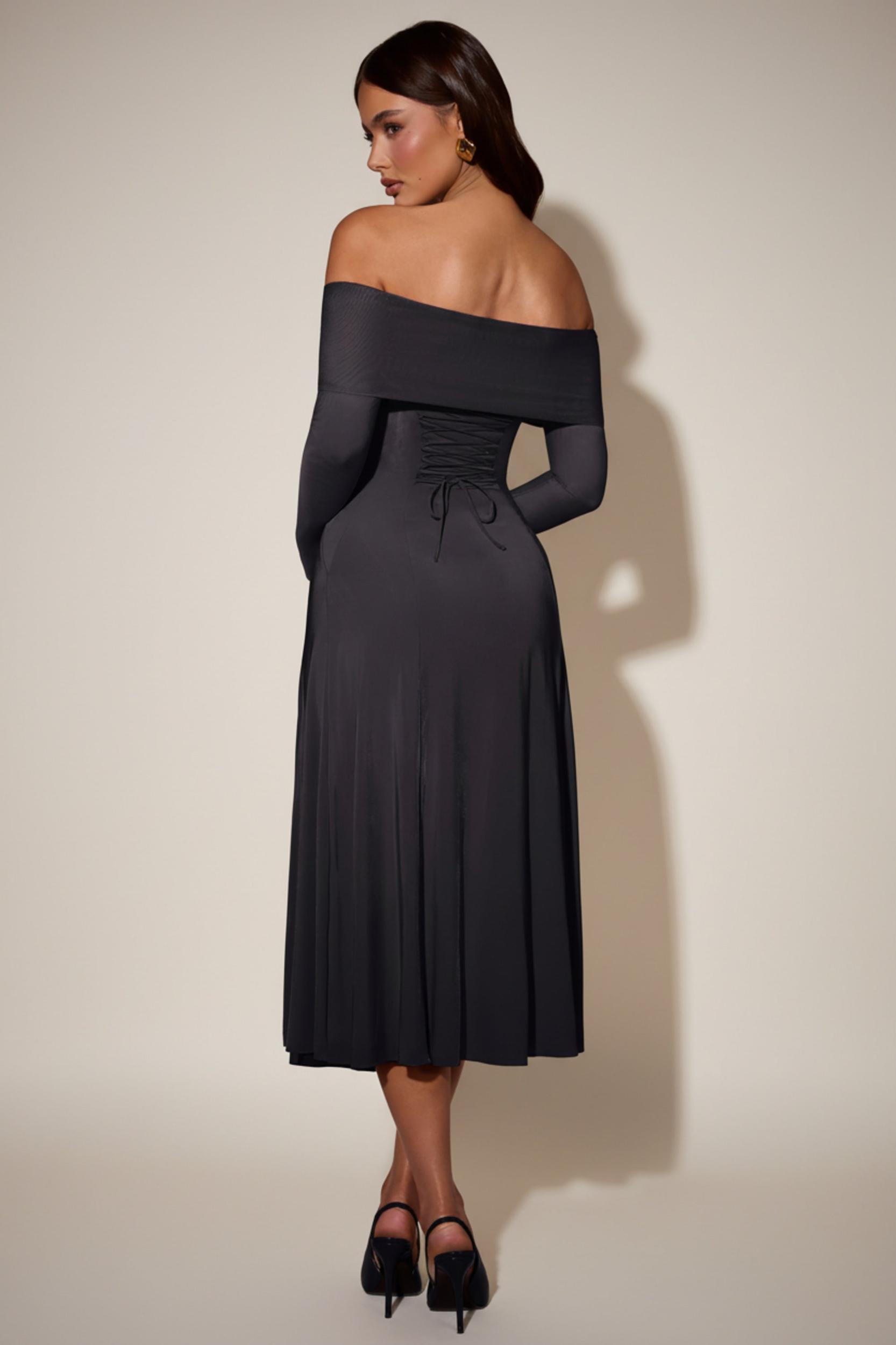 Off-Shoulder Lace-Up A-Line Midaxi Dress in Black Product Image