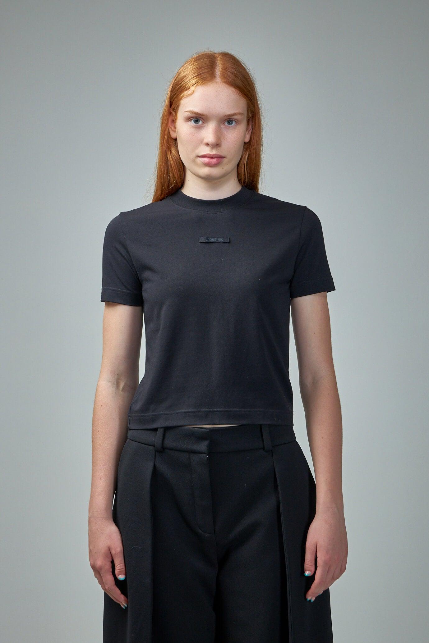JACQUEMUS Black Fitted T-shirt With Logo Patch In Stretch Cotton Woman Product Image