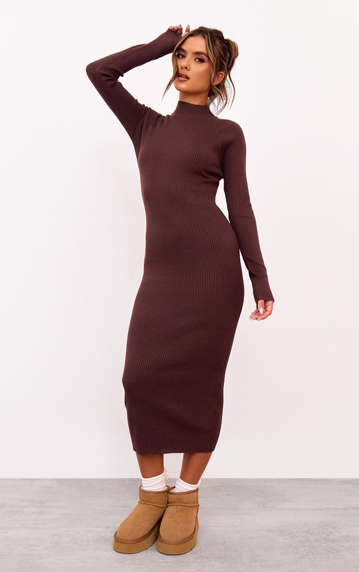 Chocolate Turtle Neck Knitted Bodycon Maxi Dress Product Image