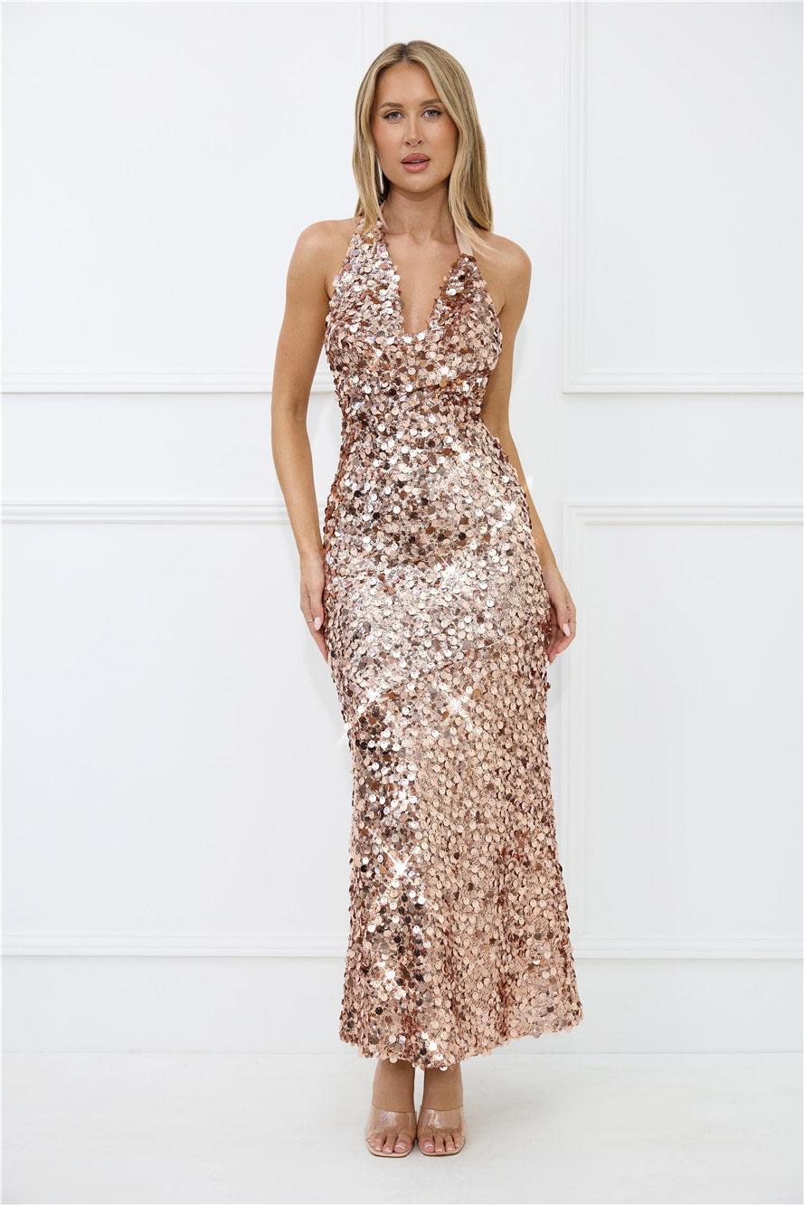 Shimmer Dreams Halter Sequin Maxi Dress Rose Gold Product Image