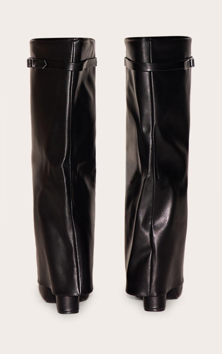 Black Matte PU Point Toe Fold Over Knee High Block Heeled Boots Product Image
