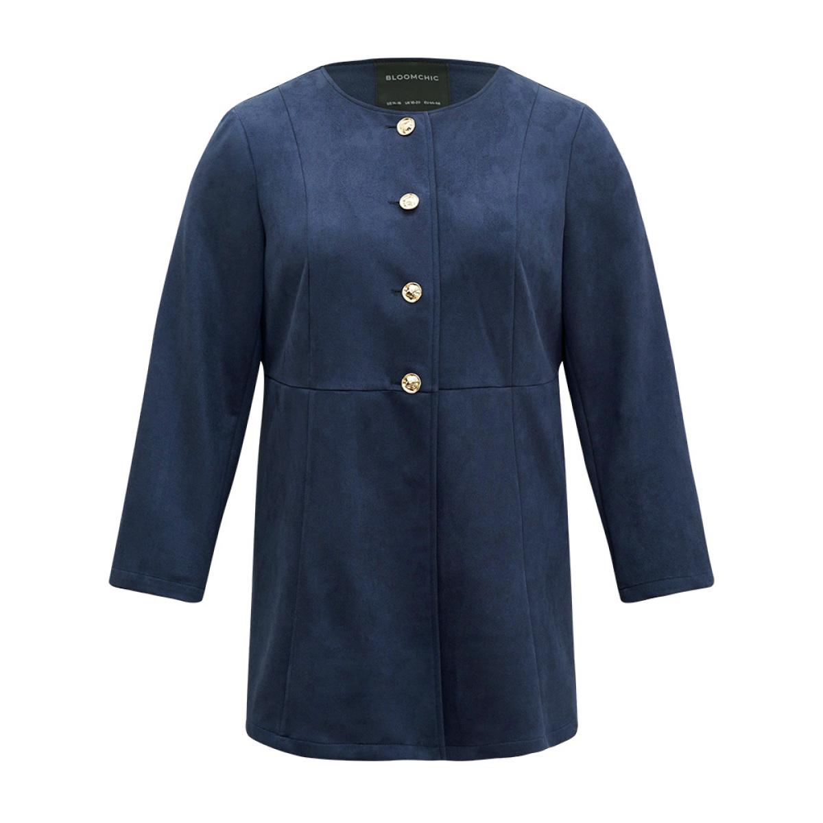 Plus Size Plain Pleated Metal Detail Jacket Women DarkBlue Casual Plain Ladies Dailywear Winter Coats BloomChic 22-24/3X Product Image