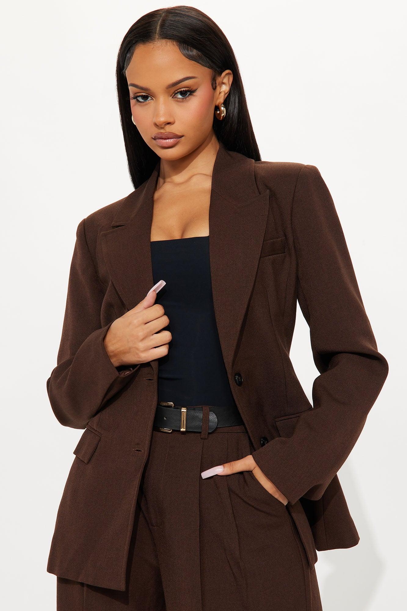 Going Forward Fitted Waist Blazer Pant Set - Brown Female Product Image