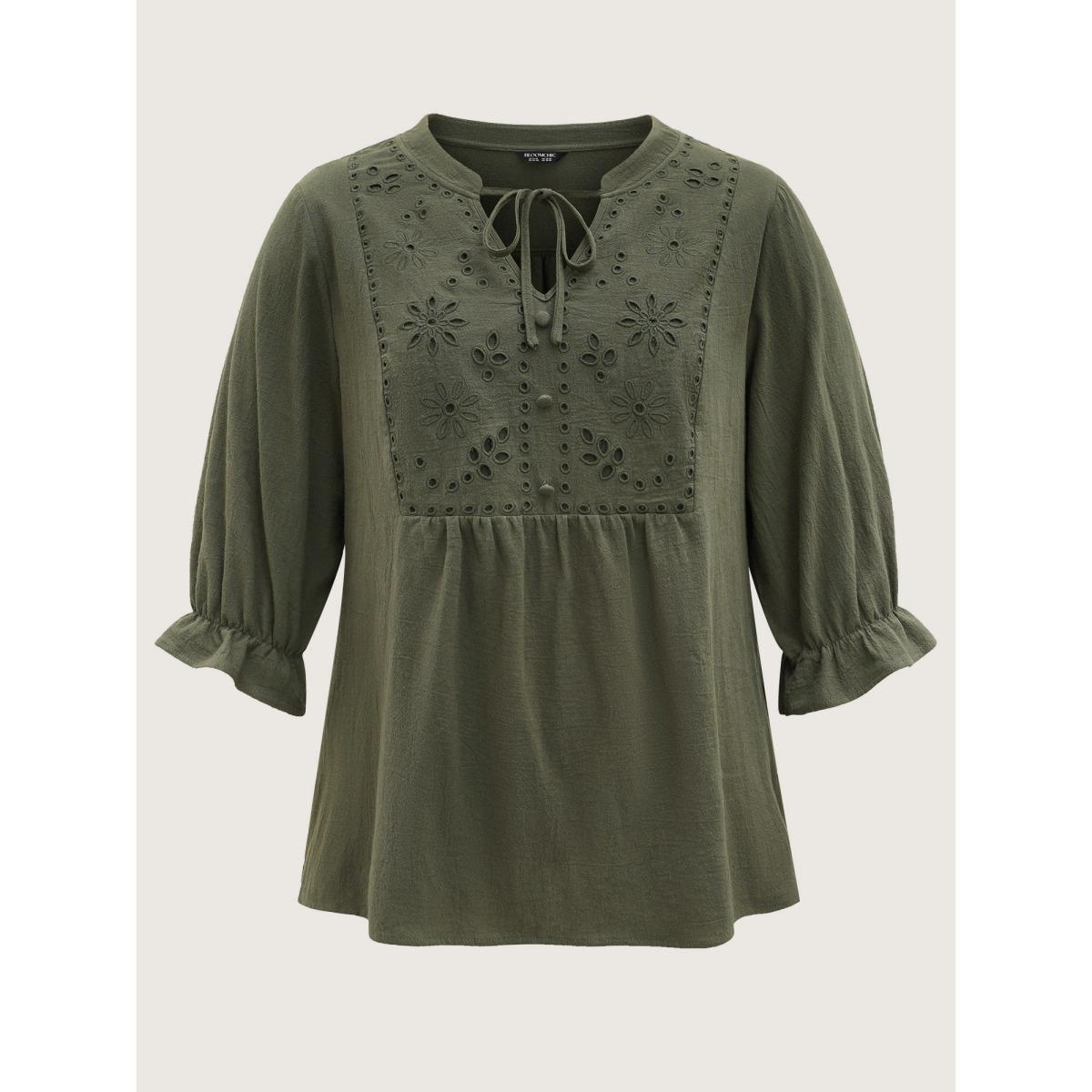 Plus Size ArmyGreen Broderie Anglaise Tie Knot Lantern Sleeve Blouse Women Boho Elbow-length sleeve Notched collar Vacation Blouses BloomChic 28/5X Product Image