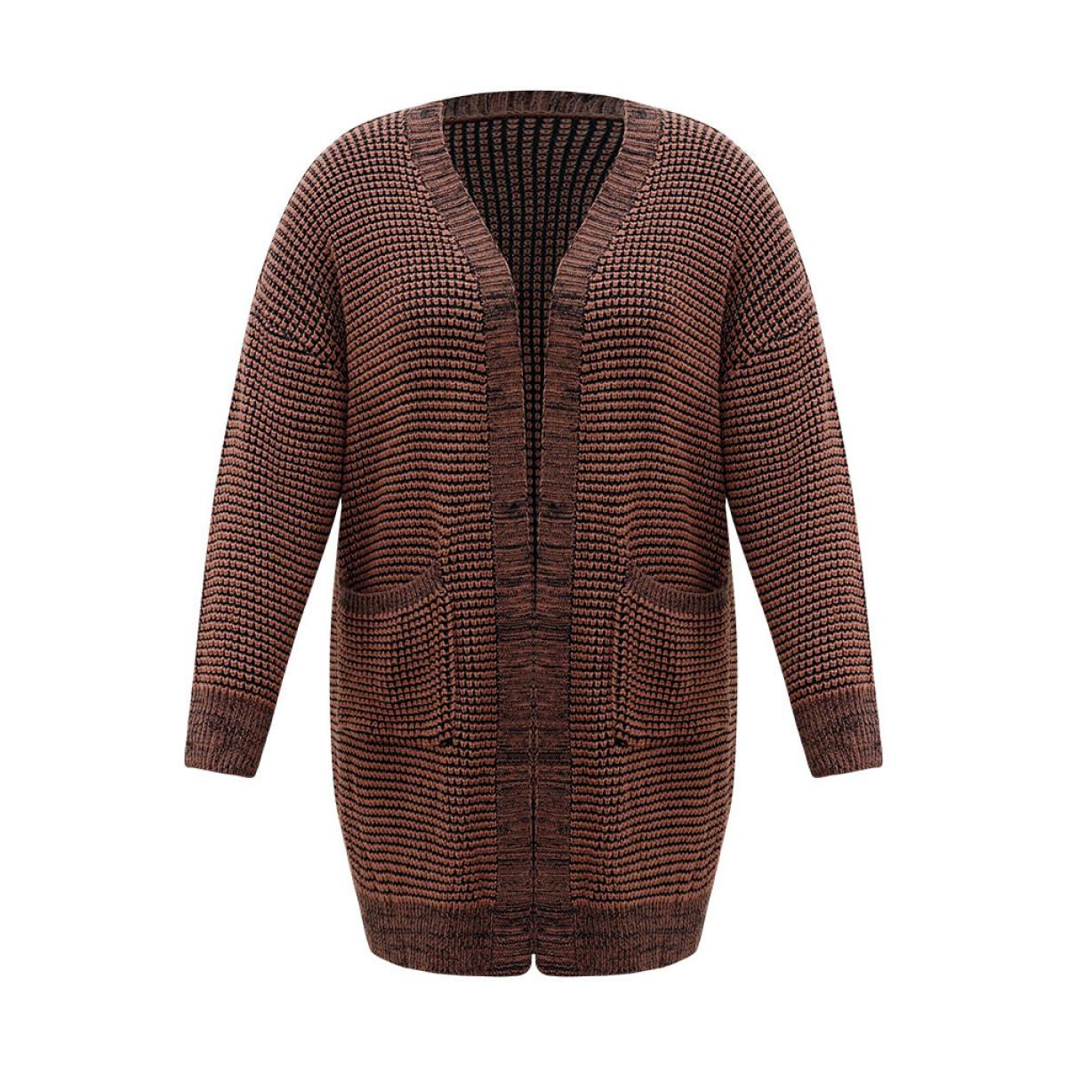 Plus Size Plisse Plain Patched Pocket Tunic Cardigan DarkBrown Women Casual Loose Long Sleeve Dailywear Cardigans BloomChic 22-24/3X Product Image