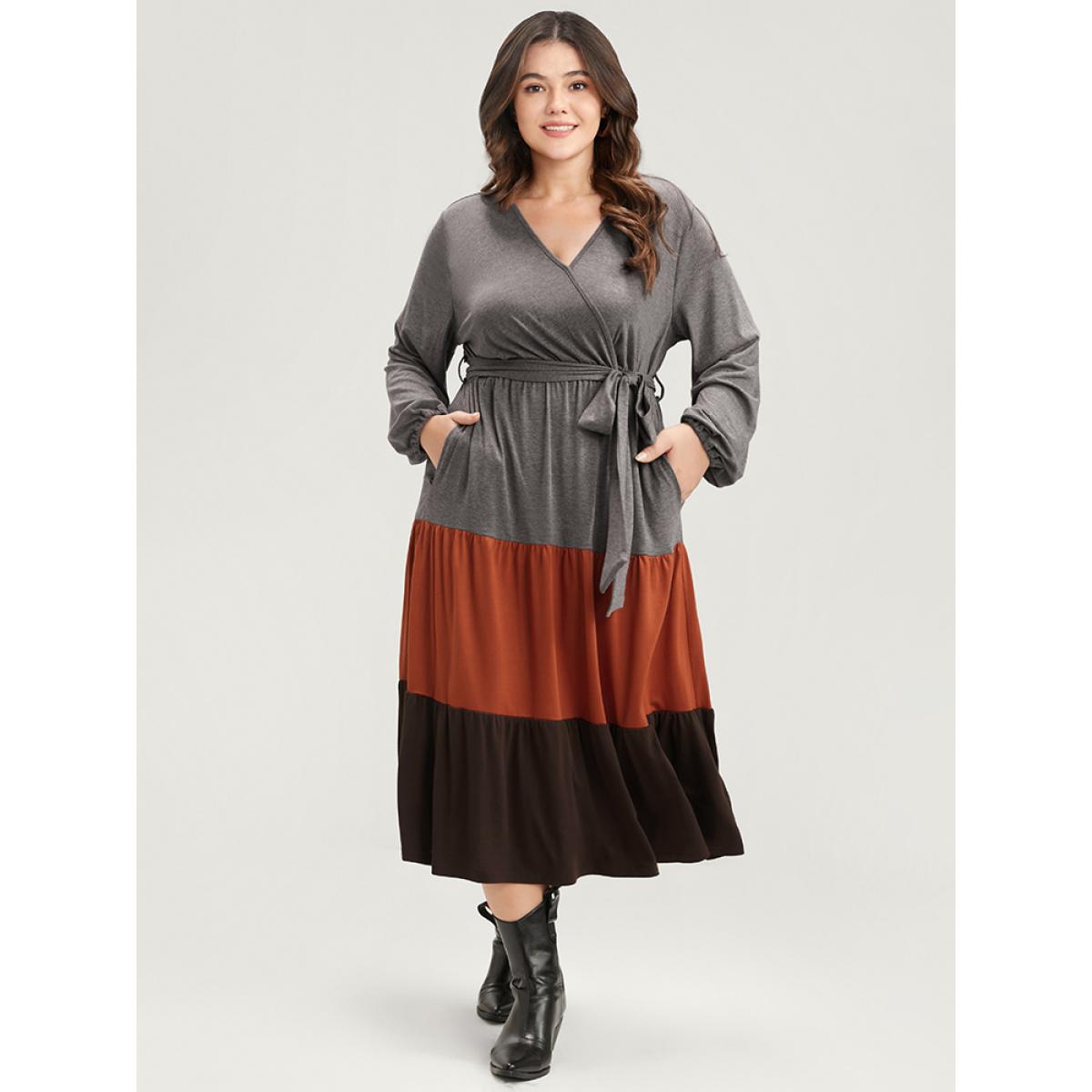 Plus Size Colorblock Contrast Pocket Wrap Belted Ruffle Tiered Dress Multicolor Women Casual Belted V-neck Long Sleeve Curvy Midi Dress BloomChic 10/M Product Image