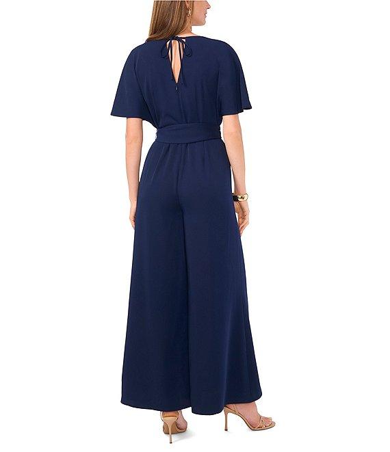 Vince Camuto Crinkle Twill V-Neck Short Sleeve Belted Wide Leg Jumpsuit Product Image