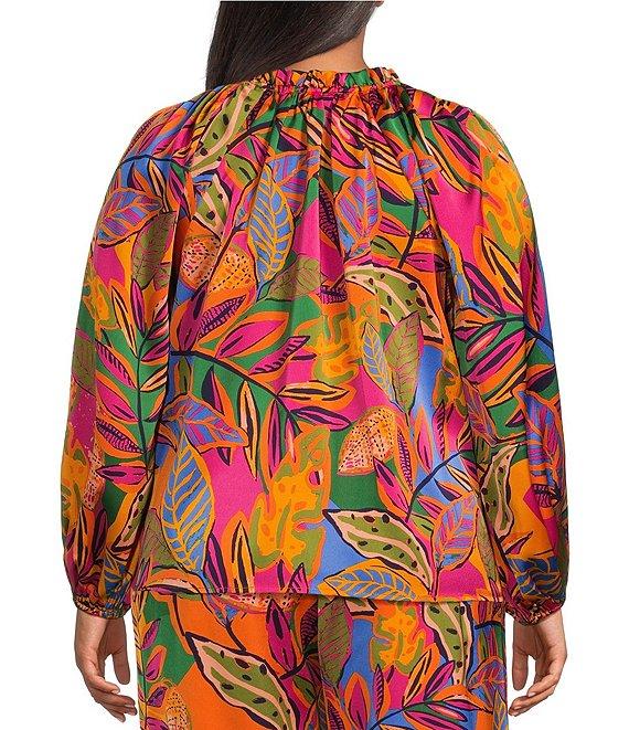 Sugarlips Plus Size Ruffled Split Neckline Balloon Long Sleeve Tropical Printed Coordinating Blouse Product Image