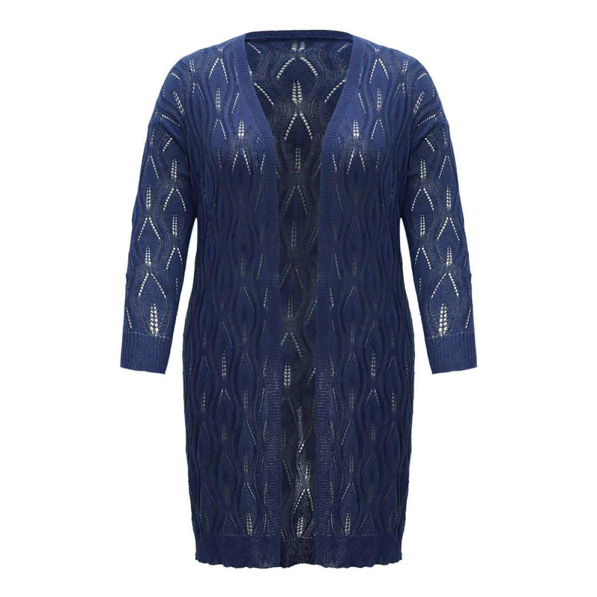 Plus Size Plain Geometric Eyelet Open Front Maxi Cardigan Indigo Women Casual Loose Long Sleeve Everyday Cardigans BloomChic 26/4X Product Image
