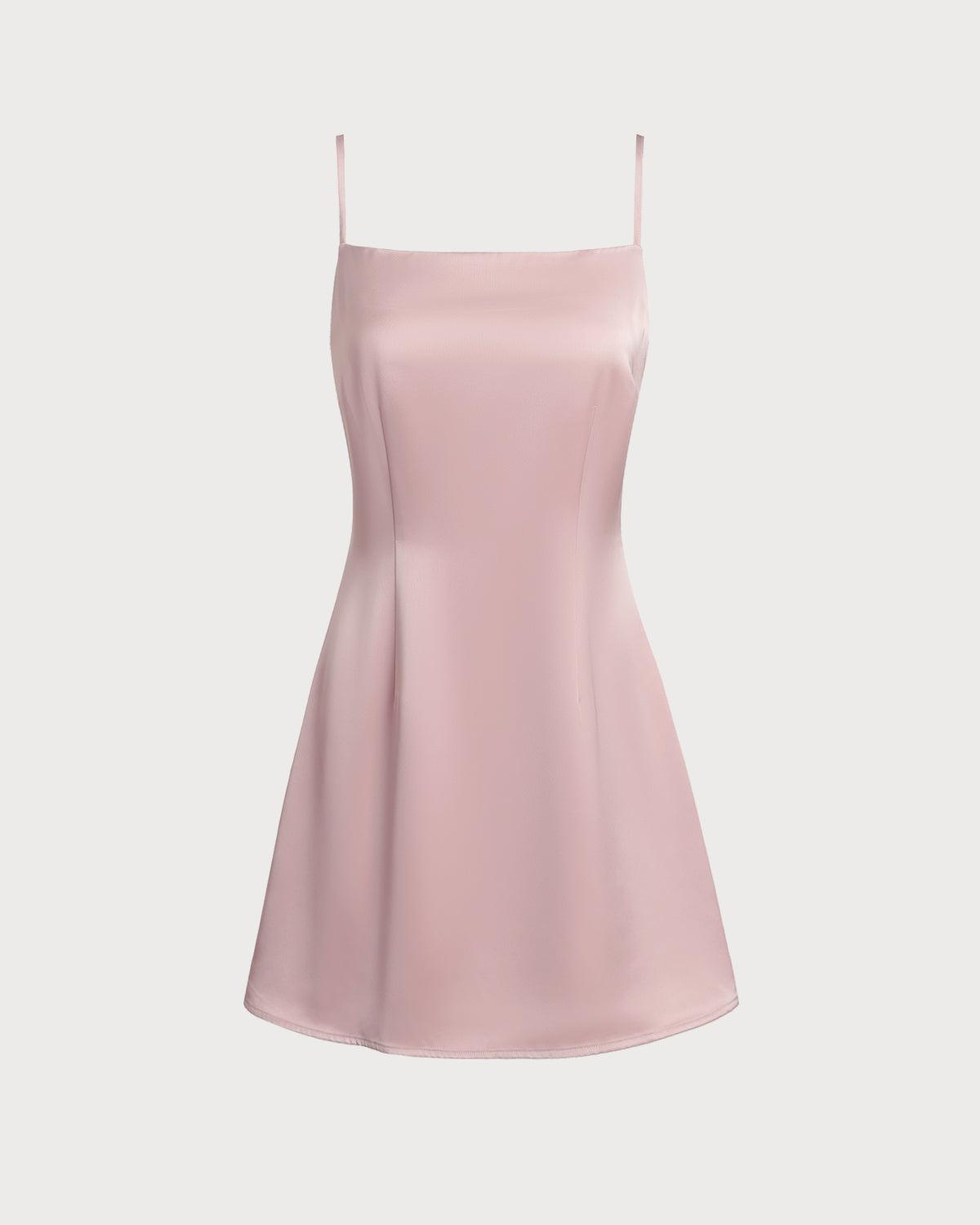 Pink Square Neck Satin Mini Dress Product Image