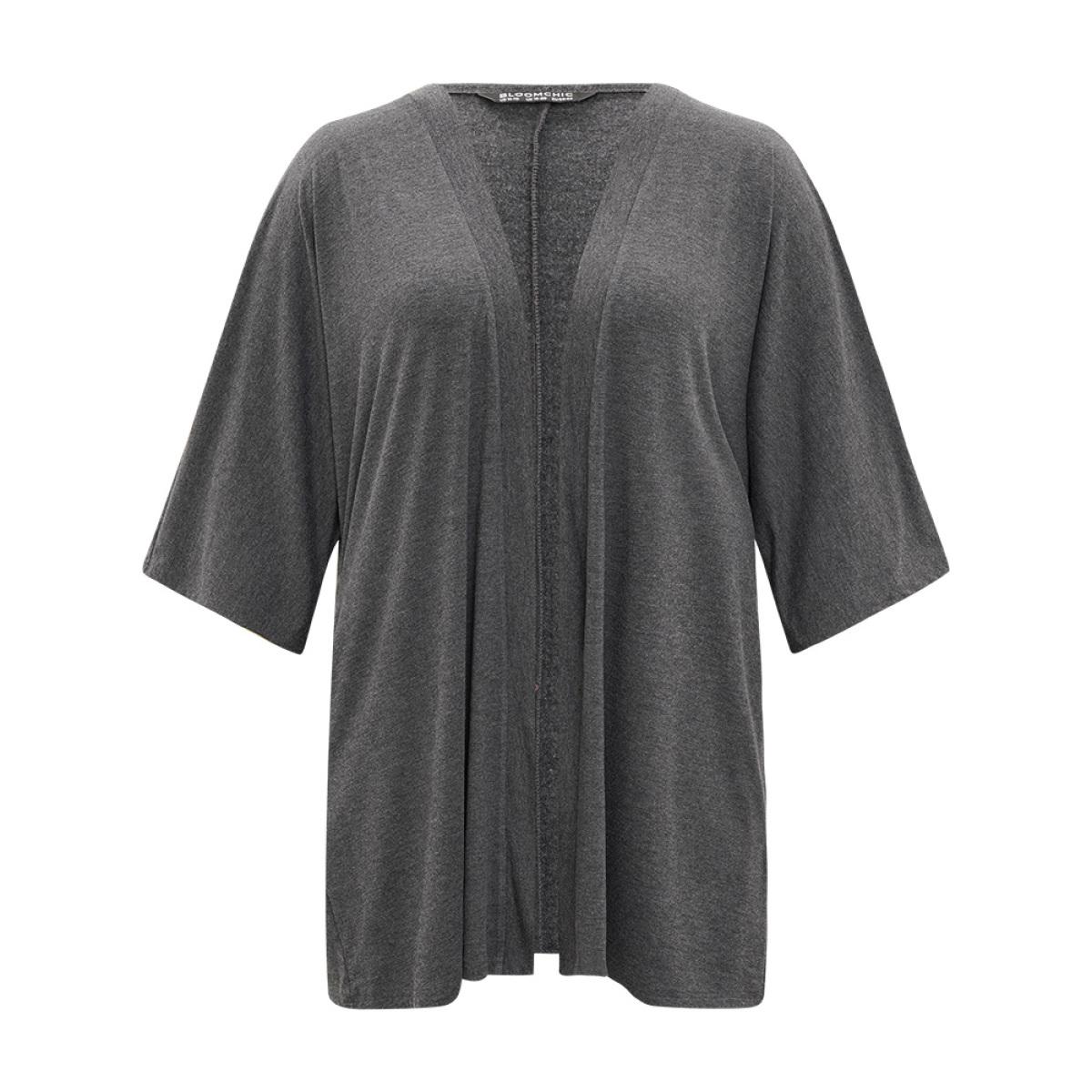 Plus Size Supersoft Essentials Plain Open Front Pocket Batwing Sleeve Kimono Women DarkGray Casual Plain Loose Pocket Dailywear Kimonos BloomChic 10/M Product Image