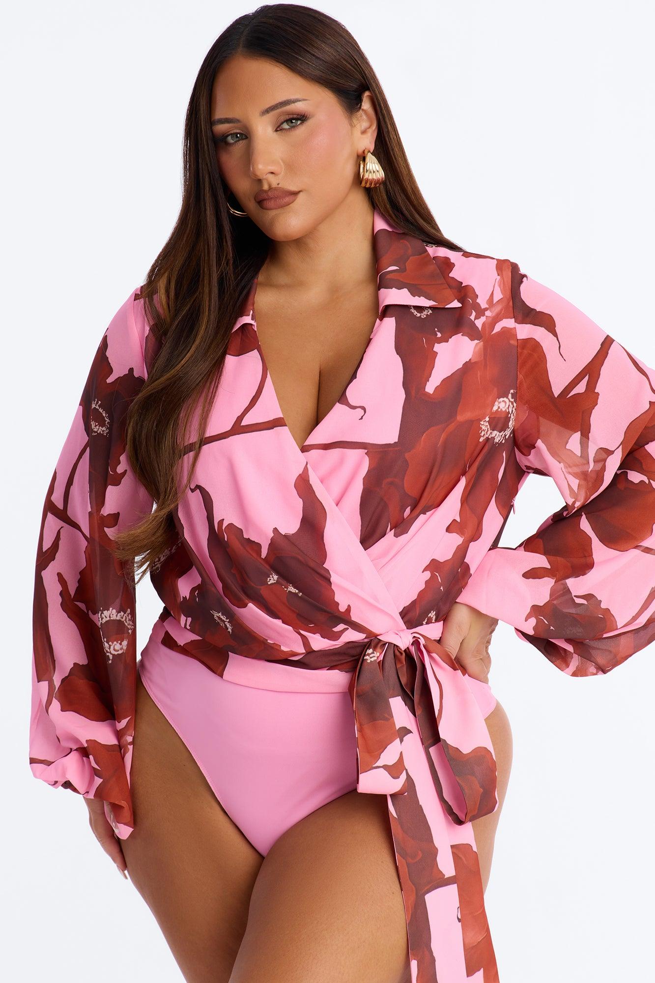 Fresh Cut Florals Tie Waist Chiffon Bodysuit - Pink/combo Female Product Image