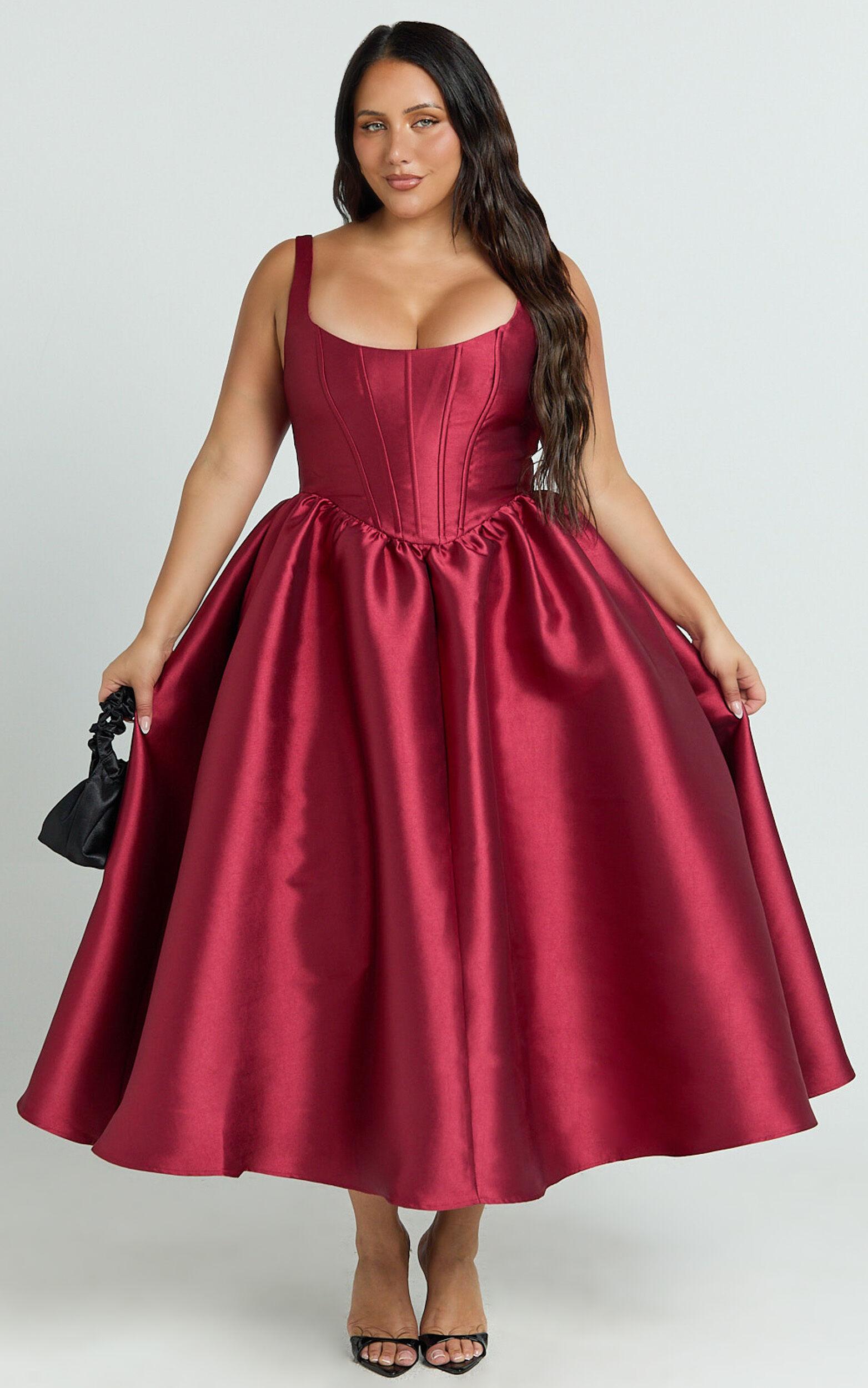 Courtney Midi Dress - Corset Panel Low Back Dress in Wine Product Image