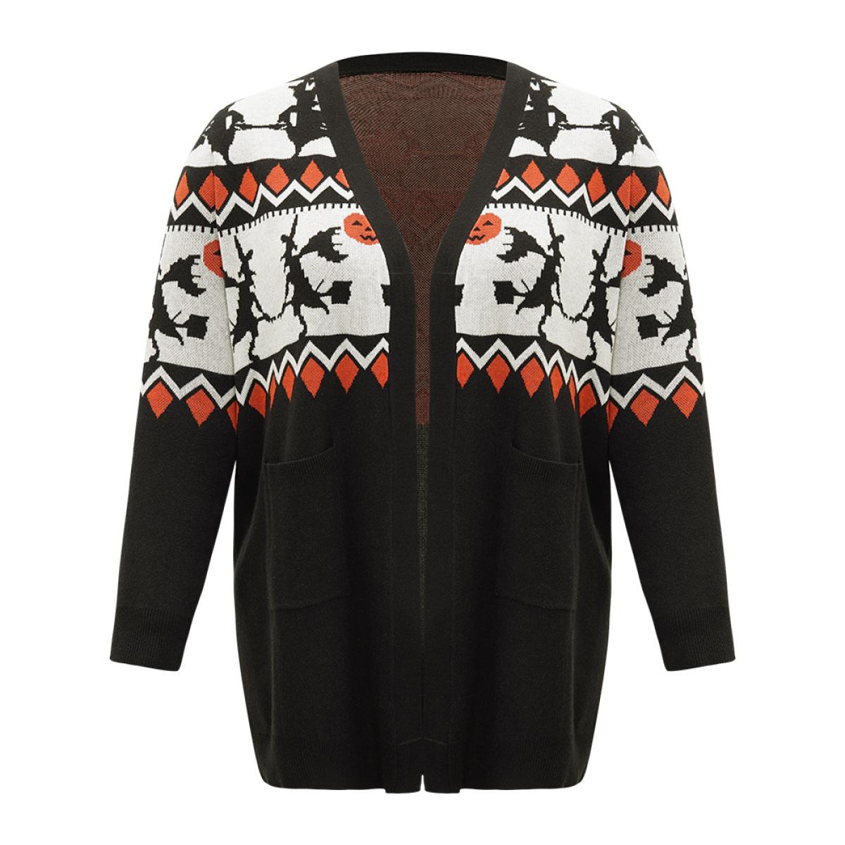 Plus Size Halloween Geo & Witch Print Open Front Cardigan Black Women Casual Loose Long Sleeve Festival-Halloween Cardigans BloomChic 14-16/1X Product Image